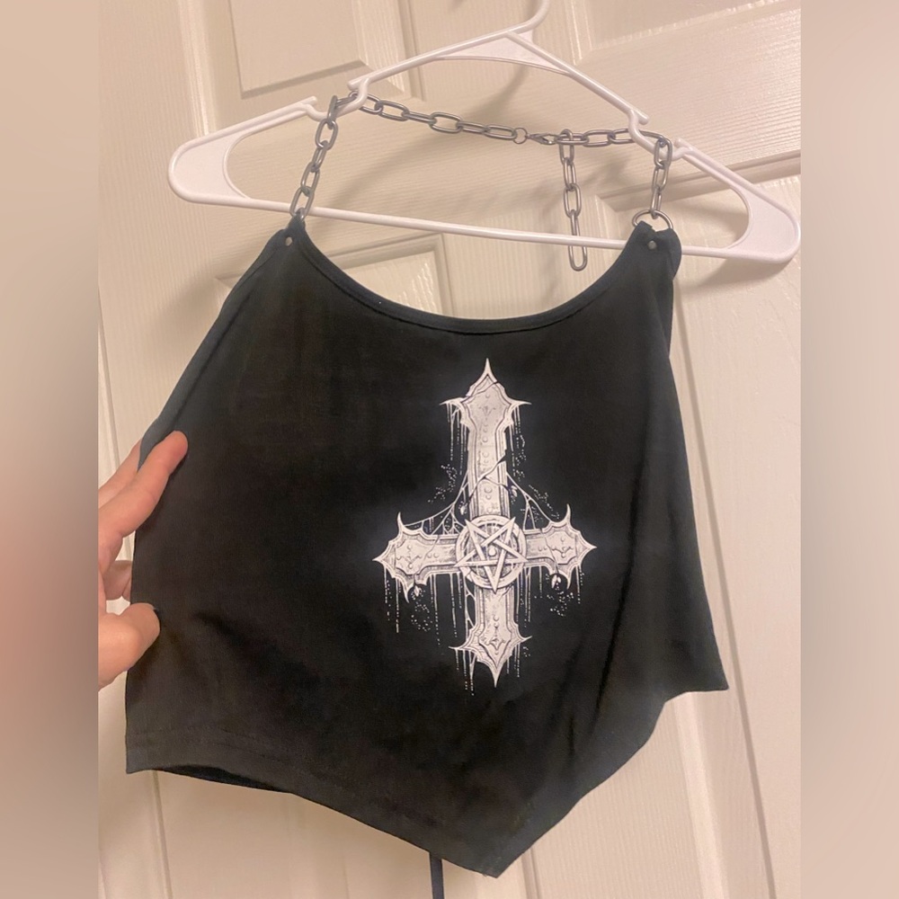 Widow upside down cross gothic chain halter top Black